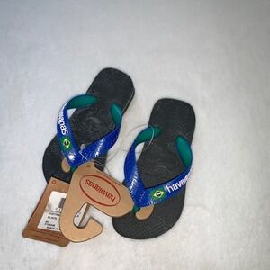 Havaianas Flip Flops Kids 9C Black Blue New Brazil Logo Sandals